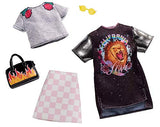 Barbie Clothes: 2 Outfits Doll Include A T-Shirt Dress with Retro Rock Graphic and Flame-Decorated Purse, Gift for 3 to 8 Year Olds