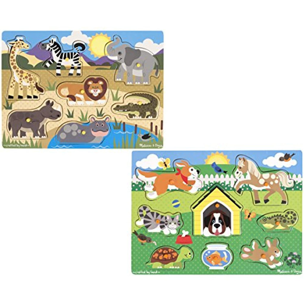 Melissa and Doug Animal Puzzles Bundle – Pets Peg Puzzle with Safari Peg Puzzle – Ages 2 and Up – Educational Fun