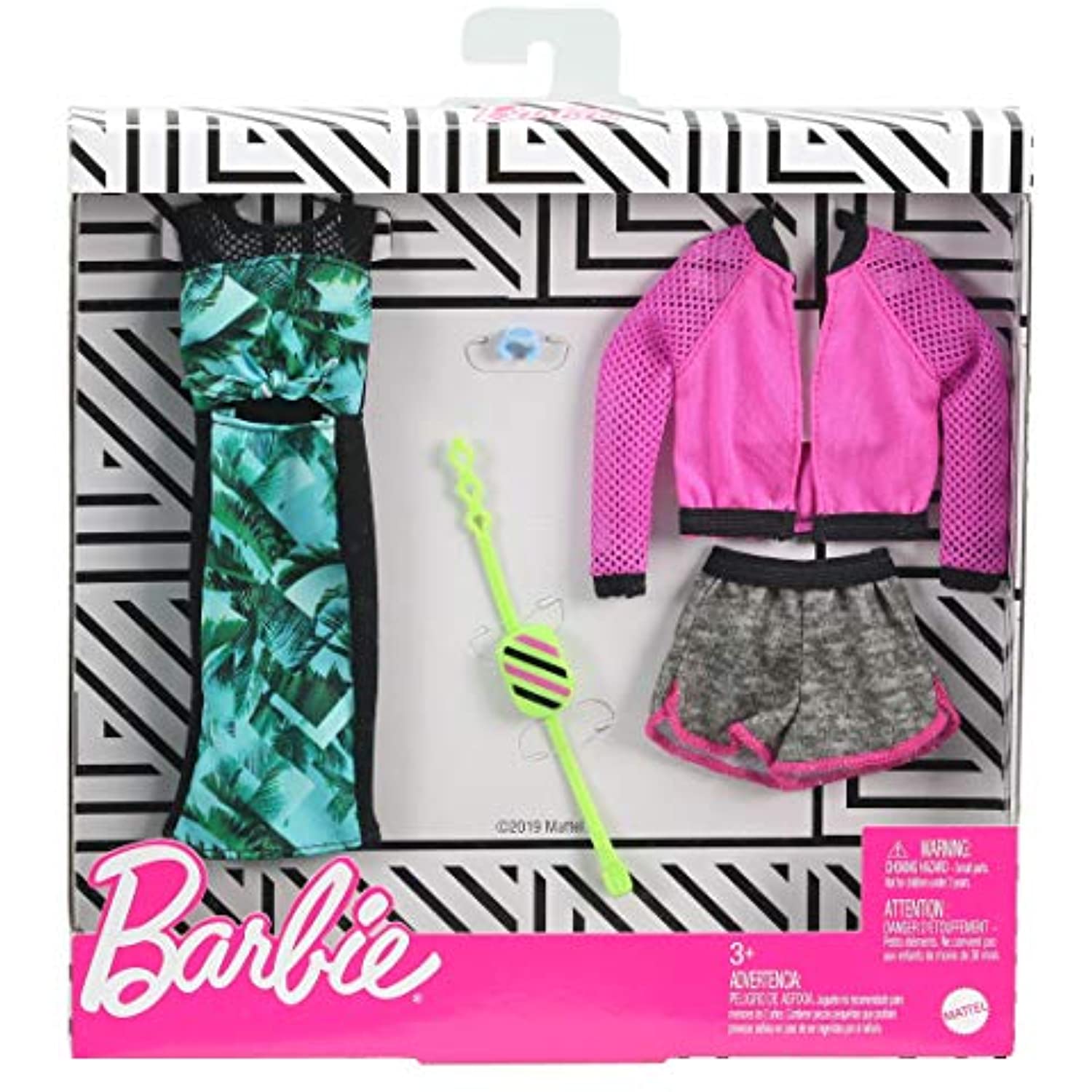 Barbie Fashions 2-Pack Clothing Set, 2 Outfits Doll Include Pink Sport Jacket, Gray Shorts, Blue Tropical Print Dress & 2 Accessories, for Kids 3 to 8 Years Old
