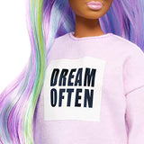 Barbie Fashionistas Doll with Long Rainbow Hair Wearing Sweatshirt Dress and Accessories, for 3 to 8 Year Olds