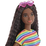 Barbie Fashionistas Doll #166, with Wheelchair & Crimped Brunette Hair Wearing Rainbow-Striped Dress, White Sneakers, Sunglasses & Fanny Pack, Toy for Kids 3 to 8 Years Old