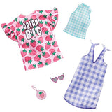 Barbie Clothes, 2 Outfits Doll Include a Strawberry-Print Dress, a Checked Dress and Top, Plus a Strawberry-Decorated Purse and Heart-Shaped Sunglasses, Gift for 3 to 8 Year Olds