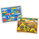 Melissa & Doug Vehicles Wooden Jigsaw Puzzles Set - Beep Beep Cars and Construction (24 pcs Each)