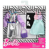 Barbie Fashions 2-Pack Clothing Set, 2 Outfits Doll Include Iridescent Sweatshirt, Silvery Metallic Skirt, Gingham Dress & 2 Accessories, for Kids 3 to 8 Years Old
