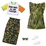 Barbie Fashions 2-Pack Clothing Set, 2 Outfits Doll Include Camo Pencil Skirt, Color-Blocked T-Shirt with Graphic, Lime Green Animal-Print Dress & 2 Accessories, for Kids 3 to 8 Years Old