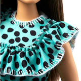 Barbie Fashionistas Doll with Long Brunette Hair Wearing Graphic Black & Aqua Polka-Dot Dress, Purple Sandals & Sunglasses, Toy for Kids 3 to 8 Years Old, Multi (GHW63)