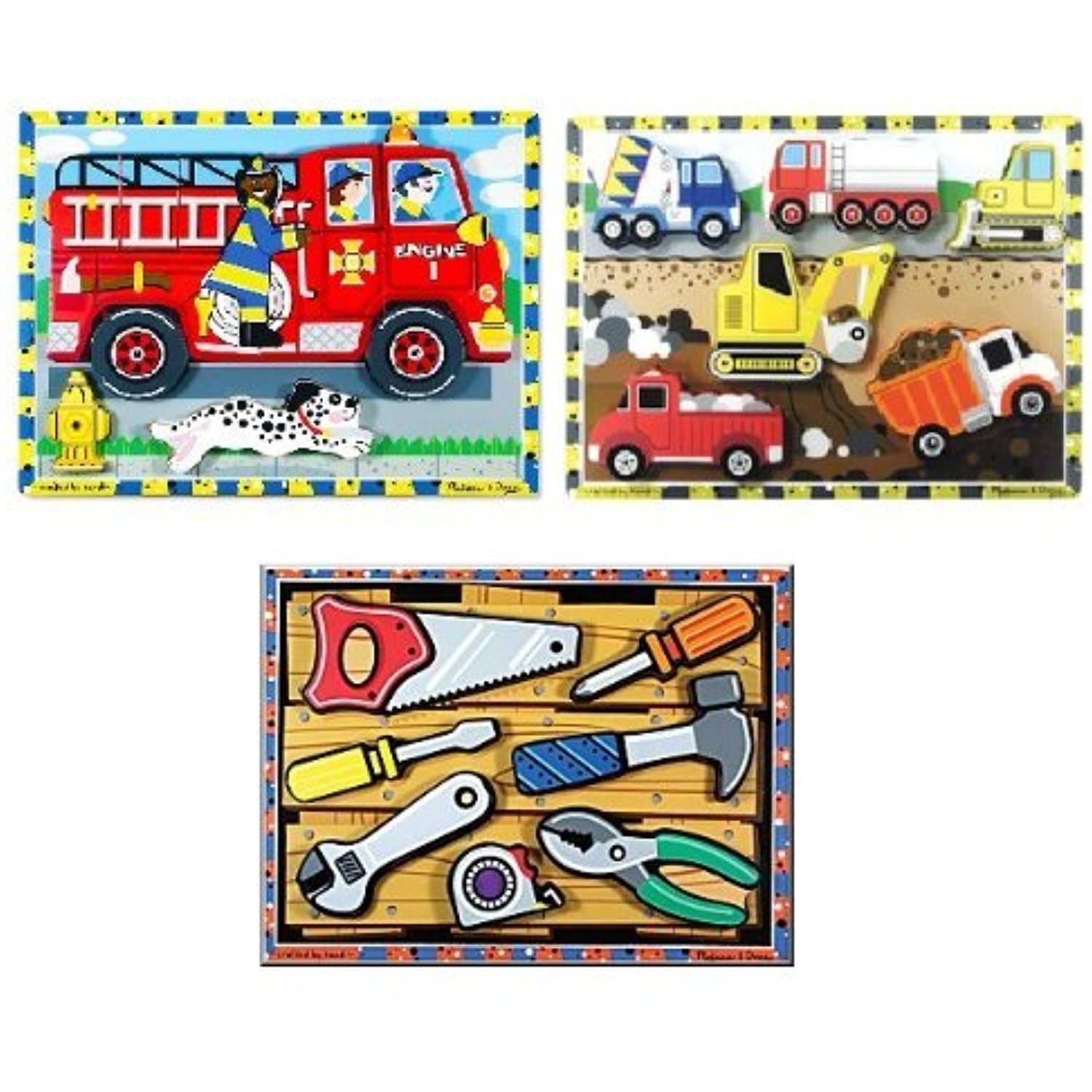 Melissa and Doug Wooden Chunky Puzzles Bundle of 3: Fire Truck, Construction, and Tools