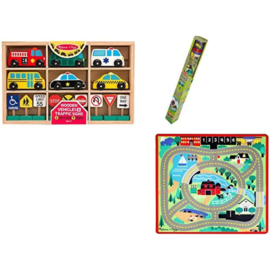 Melissa & Doug Round The Town Road Rug, Vehicles & Traffic Signs Set Vehicle
