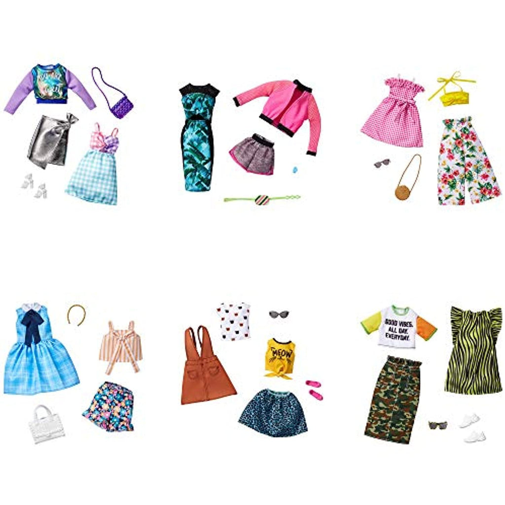 Barbie Fashions 2-Pack Clothing Set, 2 Outfits Doll Include Iridescent Sweatshirt, Silvery Metallic Skirt, Gingham Dress & 2 Accessories, for Kids 3 to 8 Years Old