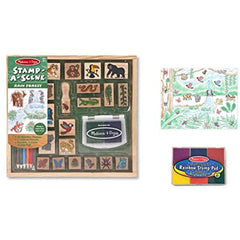 Melissa & Doug Wooden Stamp Set Bundle - Stamp a Scene - Rain Forest and Bonus Rainbow Stamp Pad