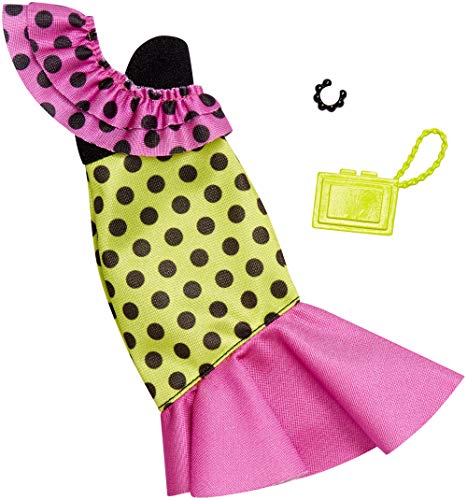 Barbie Complete Looks Doll Clothes, Outfit Dolls Featuring A Party Dress Decorated with Green and Pink Color-Blocking, Ruffles and Polka Dots, Gift for 3 to 8 Year Olds