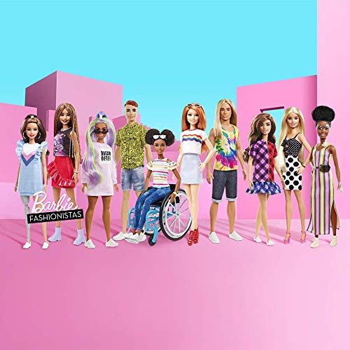 Barbie Fashionistas Doll with Long Brunette Hair Wearing Color-Blocked Plaid Dress and Accessories, for 3 to 8 Year Olds