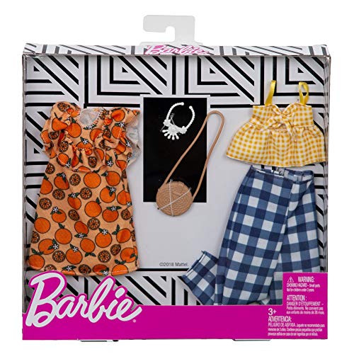 Barbie Clothes: 2 Outfits Doll Include A Dress, Top and Pants with Checked Prints, Gift for 3 to 8 Year Olds