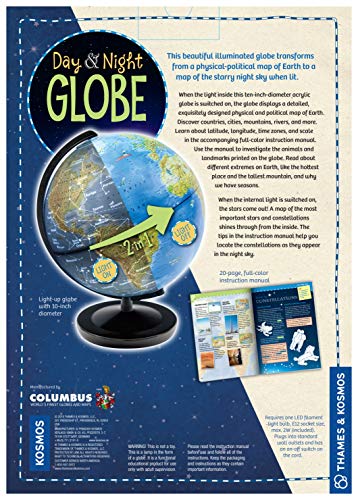 Thames & Kosmos Day & Night Globe - Handcrafted, Acrylic - Made in Germany by Columbus Globes - 10 inch, Illuminated LED Light-up with Night Sky Constellation Map