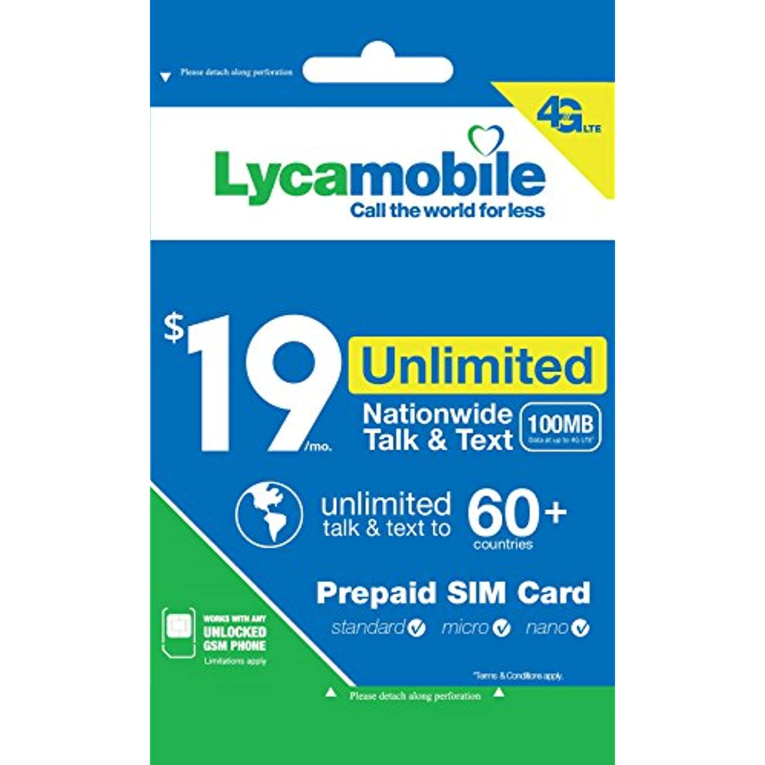 Lyca Mobile Triple Cut SIM Card with $19 Month Unlimited International Plan. Nano / Micro / Standard LycaMobile 4G LTE SIM Card All in One Prefunded Preloaded Activation Kit($19 Monthly Plan)
