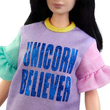Barbie Fashionistas Doll with Long Brunette Hair Wearing “Unicorn Believer” Dress and Accessories, for 3 to 8 Year Olds
