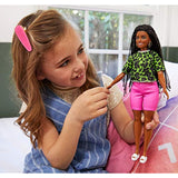 Barbie Fashionistas Doll with Long Brunette Braids Wearing Neon Green Animal-Print Top, Pink Shorts, White Sandals & Earrings, Toy for Kids 3 to 8 Years Old