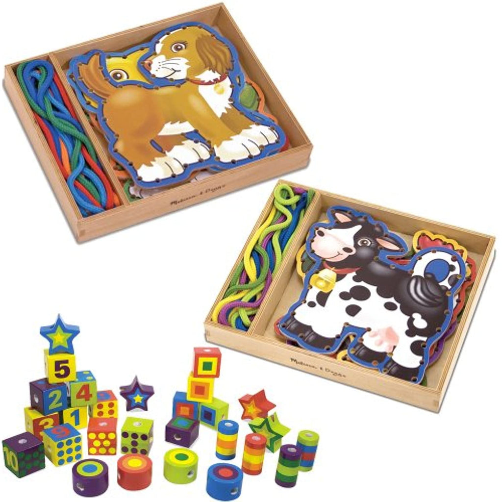 Melissa & Doug Lace and Trace Pets, Farm, and Deluxe Wooden 27-Piece Lacing Beads in a Box Bundle
