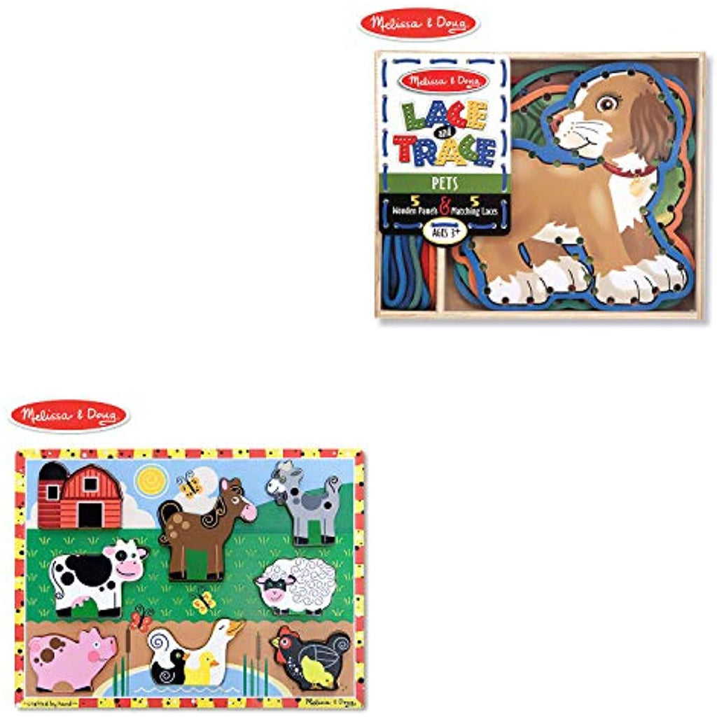 Melissa & Doug Activity Set: Pets (5 Wooden Panels and 5 Matching Laces) Bundle with Chunky Puzzle (Preschool, Chunky Wooden Pieces, Full-Color Pictures, 8 Pieces)