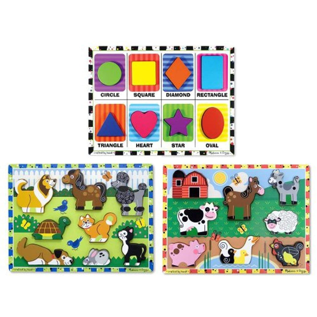 Melissa & Doug Chunky Puzzles Bundle Set #2 (Set of 3) - Farm/Pet/Shapes