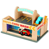 Melissa & Doug Magnetic Car Loader Wooden Toy Set with 4 Cars and 1 Semi-Trailer Truck Service Station Parking Garage with 2 Wooden Cars and Drive-Thru Car Wash