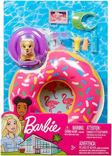 Barbie Outdoor Furniture Set with Donut Floatie (Really Floats), Water-Squirting Puppy Toy and 8 Themed Accessories