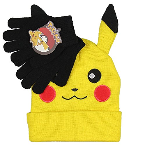 Novelty Pokemon Pikachu Ear Youth Beanie with Black Mittens