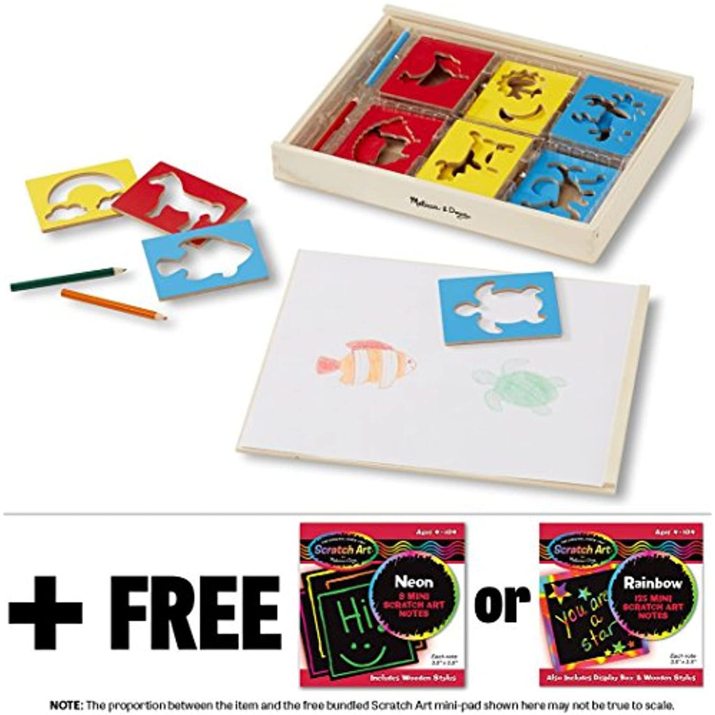 Melissa & Doug Wooden Stencil Box Set & 1 Scratch Art Mini-Pad Bundle (09331)
