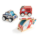 Guidecraft Jr Plywood Community Vehicles - Fire Truck, Emergency Helicopter, and Police Car - Kids Toys Set