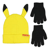 Novelty Pokemon Pikachu Ear Youth Beanie with Black Mittens