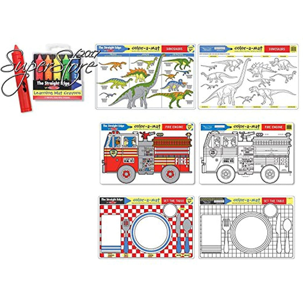 Melissa & Doug Common Knowledge I Write-a-Mat w/ Crayon Bundle for Ages 3+: Dinosaurs, Fire Engine, Set the Table - The Straight Edge Series