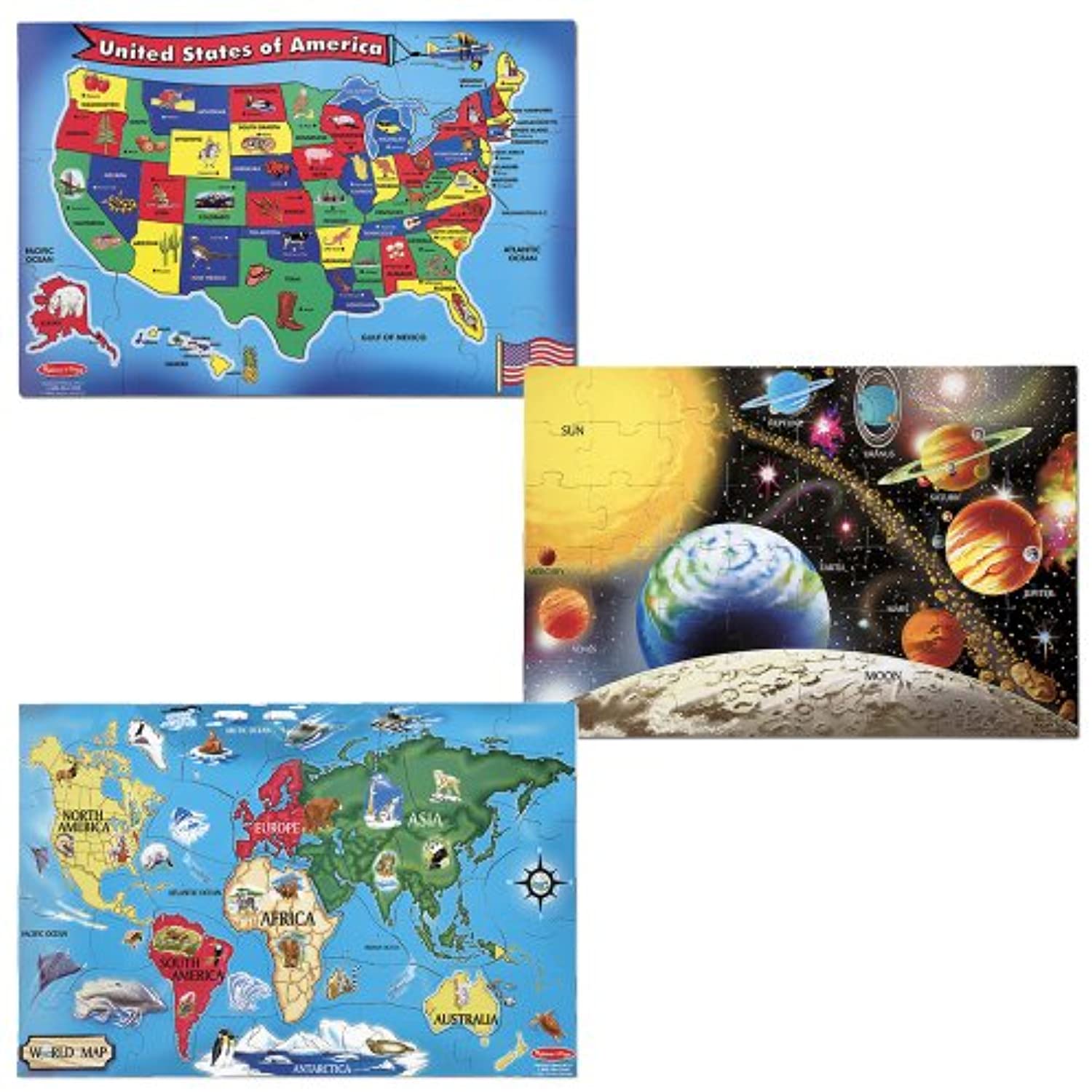 Melissa & Doug Deluxe Wooden USA Map, Solar System and World Map Puzzle Bundle