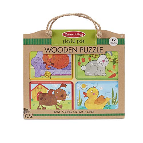 Melissa & Doug Natural Play Wooden Puzzle: Playful Pals (Four 4-Piece Animal Puzzles)