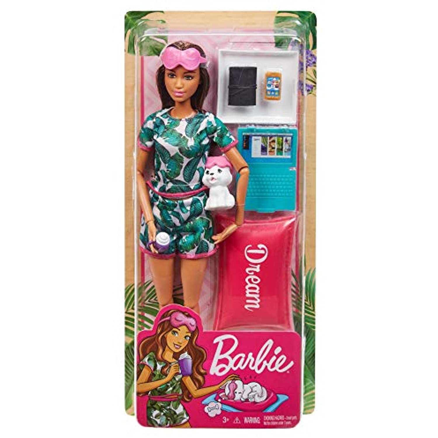 Barbie Relaxation Doll, Brunette, with Puppy and 8 Accessories, Including Pillow, Journal and Sleep Masks, Gift for Kids 3 to 7 Years Old