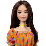Barbie Fashionistas Doll #160 with Brunette Hair Polka Dot Off-The-Shoulder Dress, Toy for Kids 3 to 8 Years Old