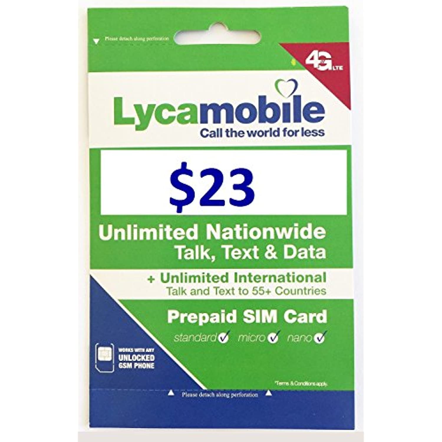 Lyca Mobile Triple Cut SIM Card with $23 Month Unlimited International Plan. Nano / Micro / Standard LycaMobile 4G LTE SIM Card All in One Prefunded Preloaded Activation Kit($23 Monthly Plan)