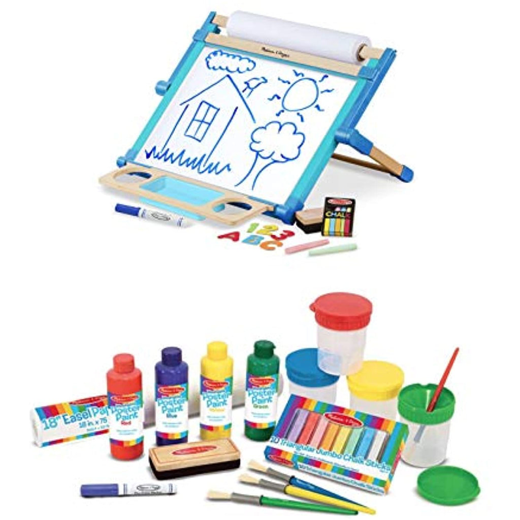 Melissa & Doug Bundle Includes 2 Items Double-Sided Magnetic Tabletop Art Easel - Dry-Erase Board and Chalkboard Easel Accessory Set - Paint, Cups, Brushes, Chalk