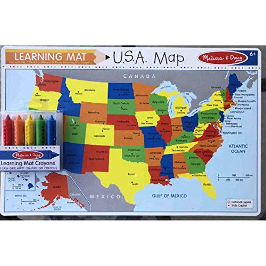 Melessa and Doug Learning Placemat, USA Two Sided mat to Learn The States Includes erasable Crayons, Included