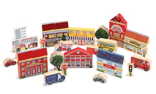 Melissa & Doug Wooden Town Blocks Play Set With Storage Tray (35 pcs)