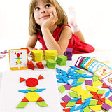 Set of 155 Wooden Pattern Blocks Geometric Manipulative Shape Puzzle Kindergarten Graphical Classic Educational Montessori Tangram Toys for Kids Ages 4-8 Jigsaw Puzzles Gift with 24 Pcs Design Cards