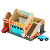 Melissa & Doug Magnetic Car Loader Wooden Toy Set with 4 Cars and 1 Semi-Trailer Truck Service Station Parking Garage with 2 Wooden Cars and Drive-Thru Car Wash