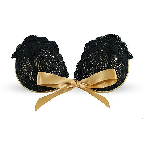 NuBra Gold Satin Adhesive Bra w/Black Lace/Removable Gold Ribbon w/Travel Case (A, Black/Gold)