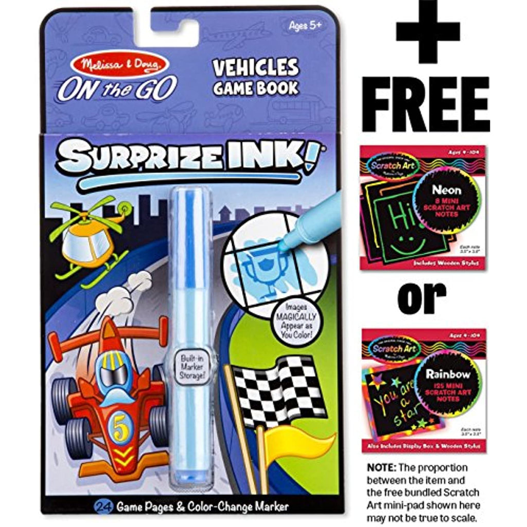 Melissa & Doug SurprizeInk! Vehicles Game Book: On-The-Go Series & 1 Scratch Art Mini-Pad Bundle (05286)
