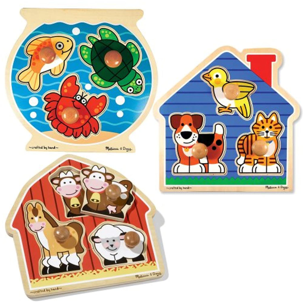 Melissa & Doug Deluxe Fish Bowl, Pets, and Barnyard Animals Jumbo Knob Puzzle Bundle (Set of 3)