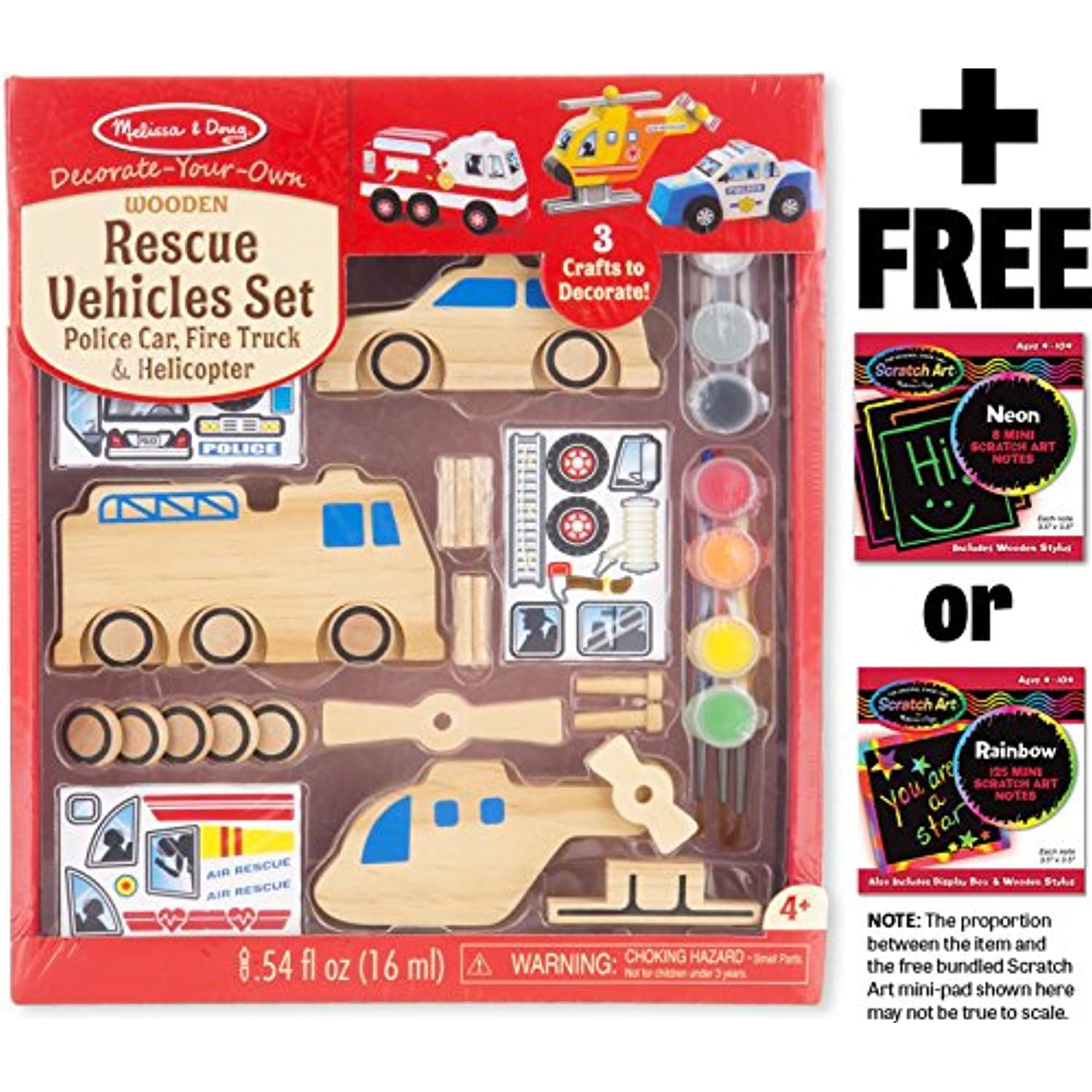 Melissa & Doug Rescue Vehicles Set Decorate-Your-Own Kit & 1 Scratch Art Mini-Pad Bundle (09528)
