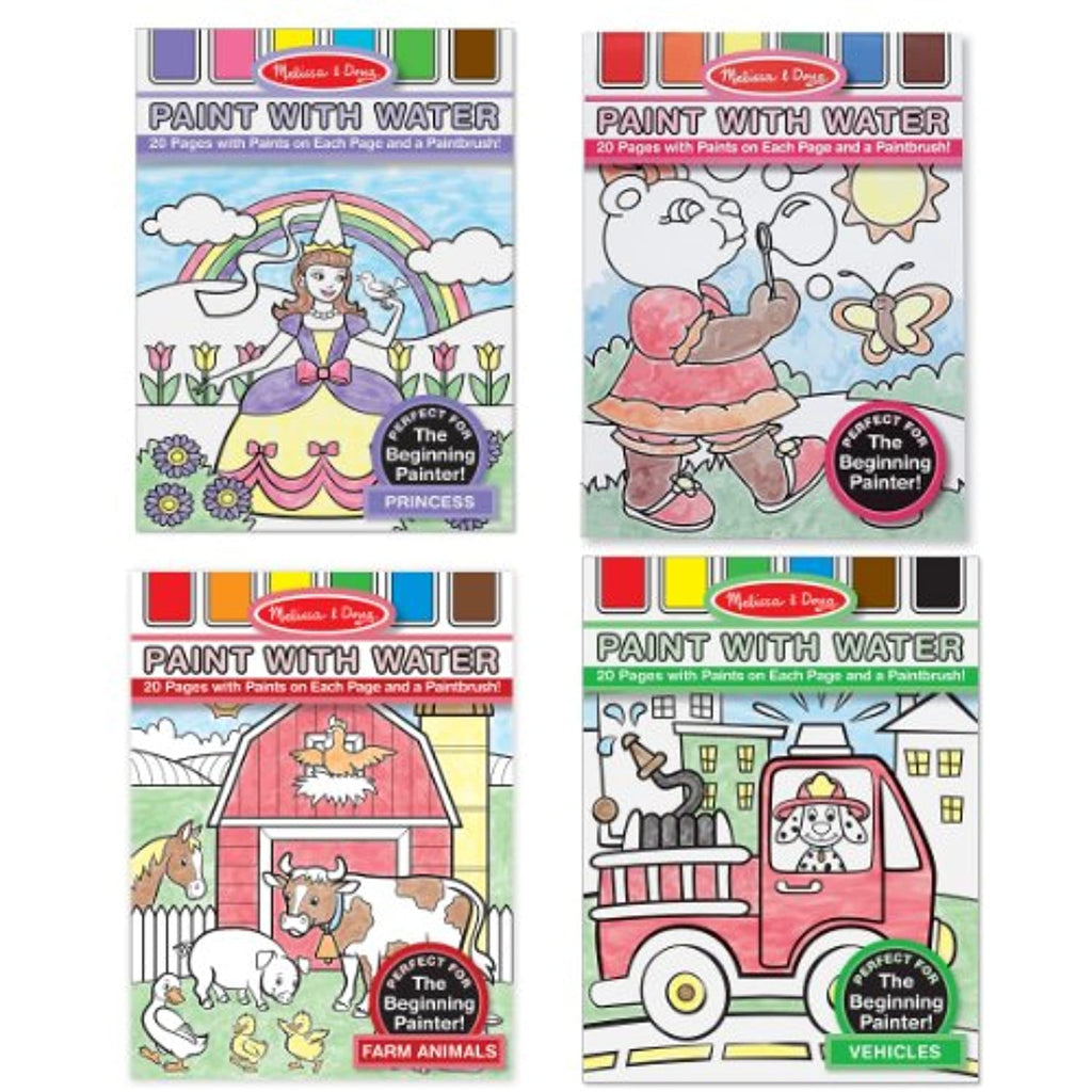 Melissa & Doug 5 Item Bundle 4166 Princess, 4165 Farm Animals, 4164 Vehicles, and 3762 Pink Paint with Water Kids' Art Pads + Free Activity Book