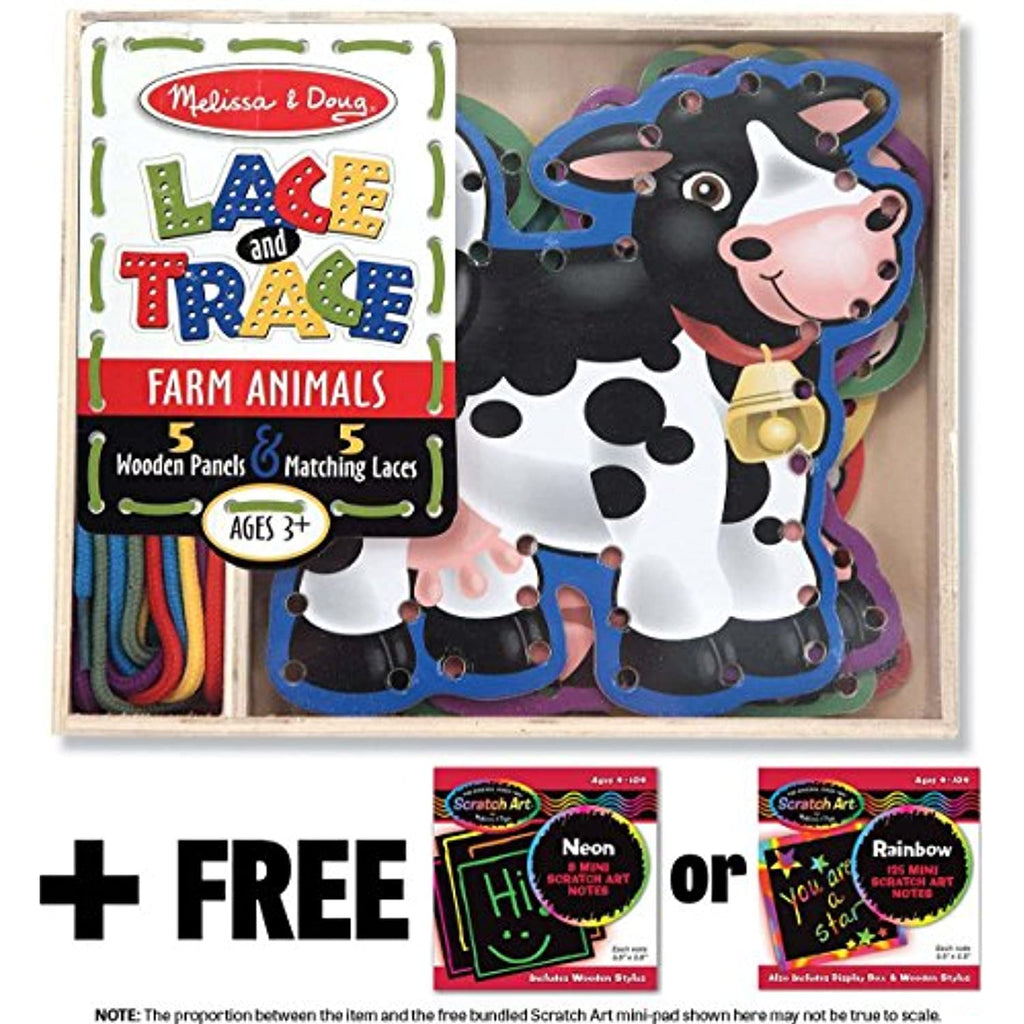 Melissa & Doug Farm Animals: Lace and Trace Box Set & 1 Scratch Art Mini-Pad Bundle (03781)