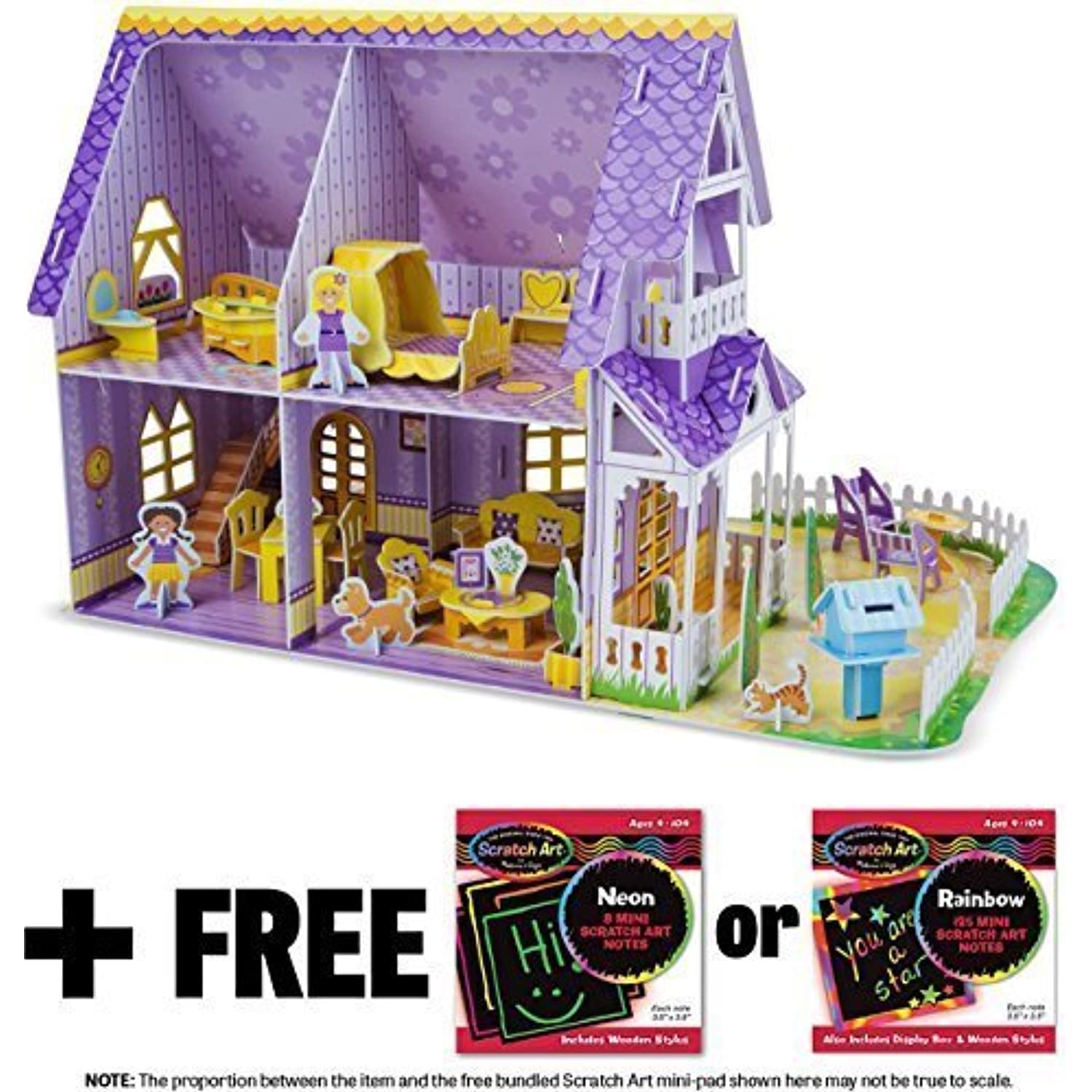 Melissa & Doug Pretty Purple Dollhouse: 3D Puzzle & Playset in One & 1 Scratch Art Mini-Pad Bundle (09461)