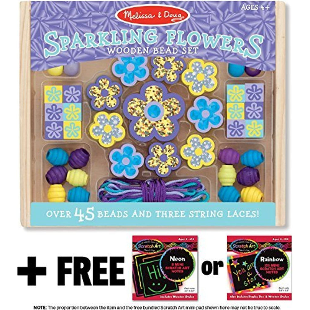 Melissa & Doug Sparkling Flowers Wooden Bead Set & 1 Scratch Art Mini-Pad Bundle (09494)