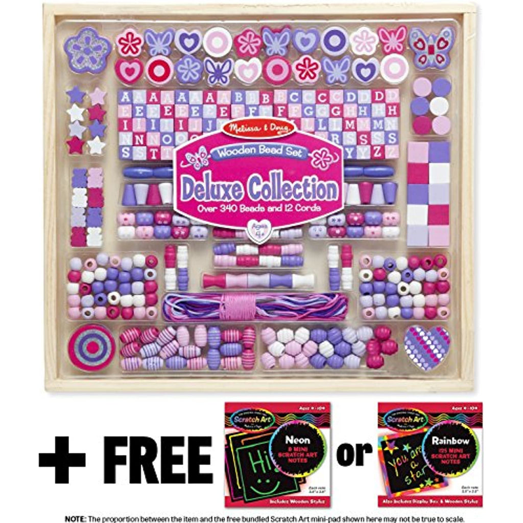 Melissa & Doug Deluxe Collection Wooden Bead Set (340+ Beads) & 1 Scratch Art Mini-Pad Bundle (09493)